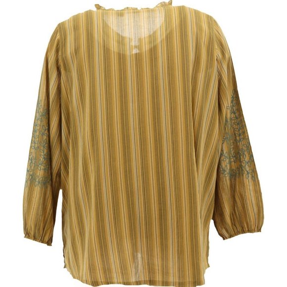 NWT LOGO BY LORI GOLDSTEIN STRIPED WOVEN EMBROIDERED BLOUSE VINTAGE GOLD MEDIUM - Picture 6 of 14